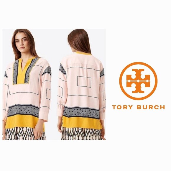 NWT Tory Burch Tunic Aston Silk Geometric Pink Mustard Medium - Picture 2 of 8